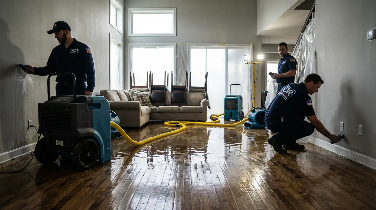 Water damage restoration crew working in a Dallas–Fort Worth home